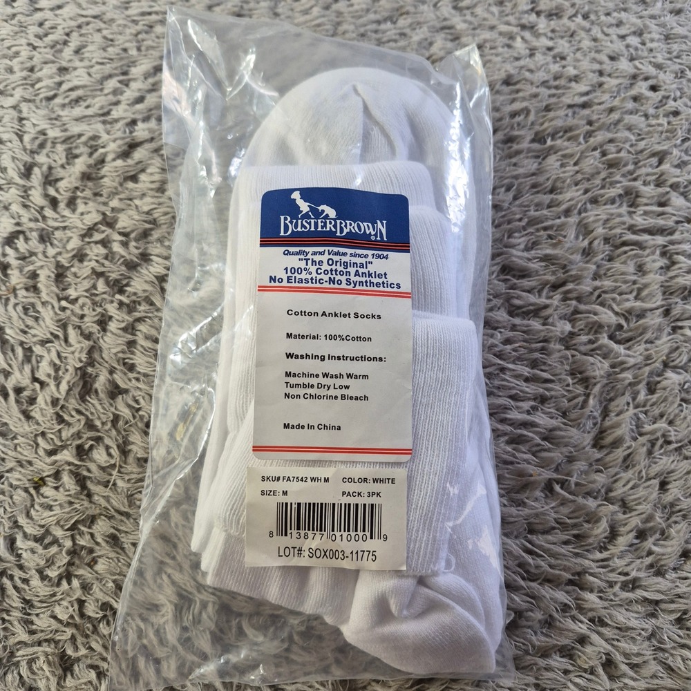 Buster Brown Cotton Anklet Socks FA7542 Womens Size M White 3PK Retro Minimalist